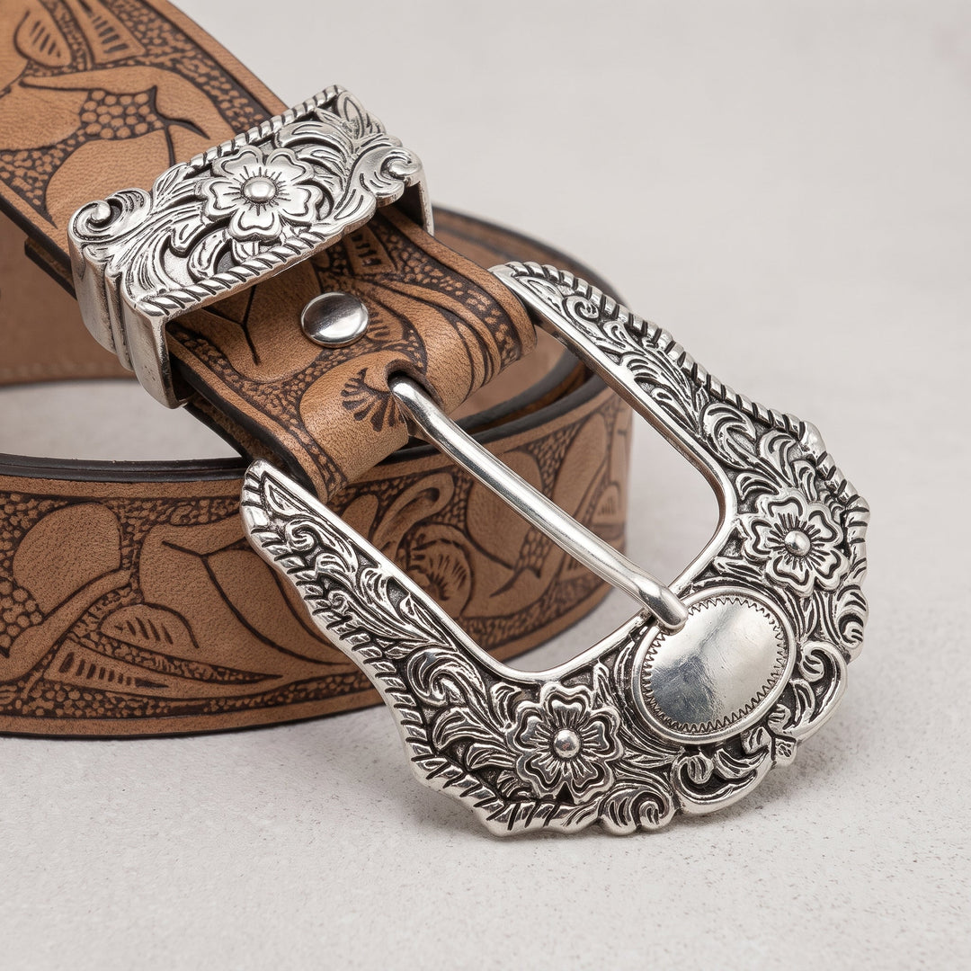 Detail of the tooled leather strap on the Nash Belt
