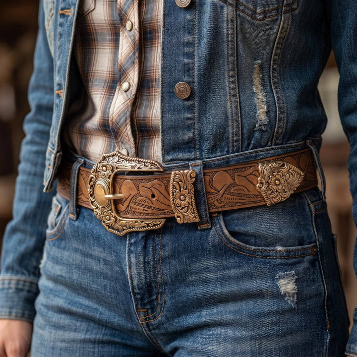 Woman wearing the Nash Belt with a plaid shirt and denim jacket