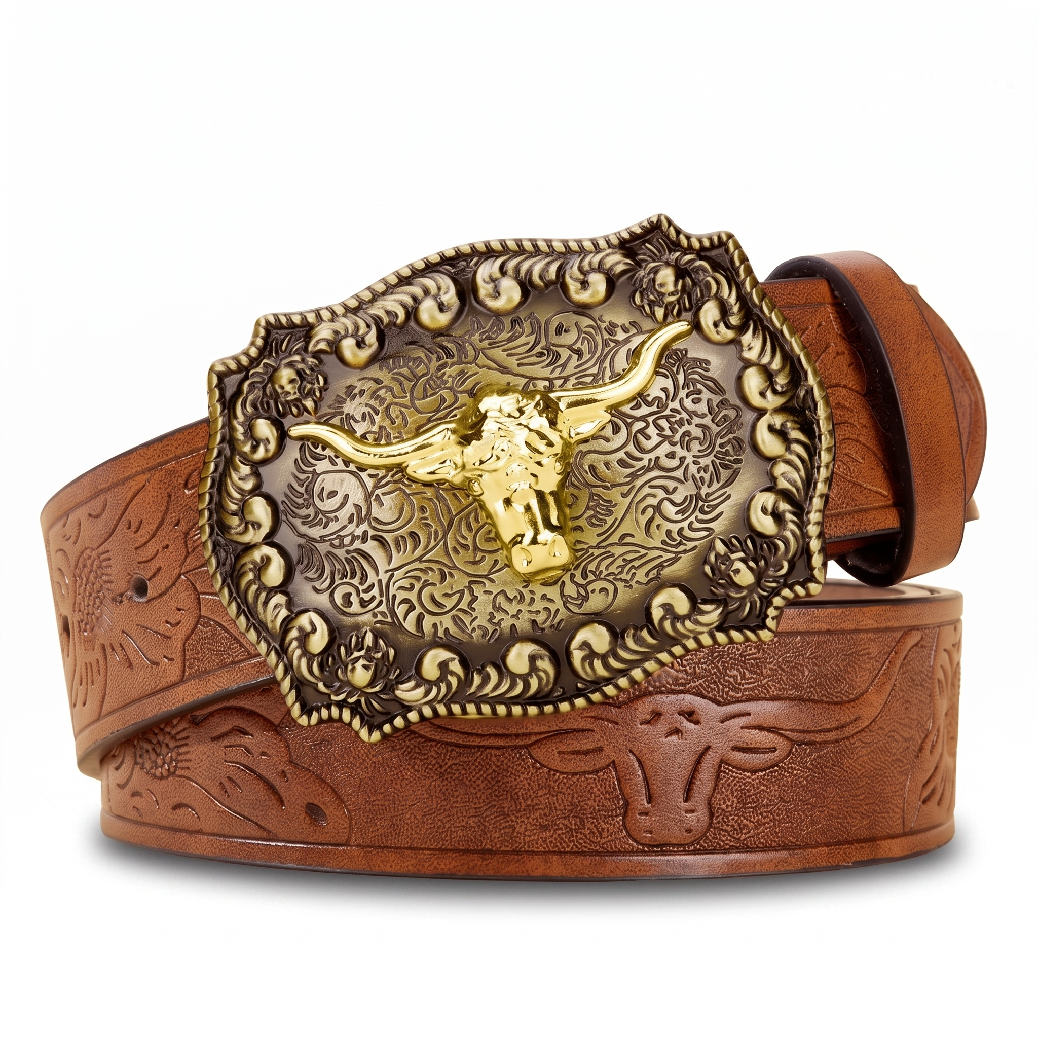 The Dutton Belt — Western-Tooled Leather with Longhorn Buckle