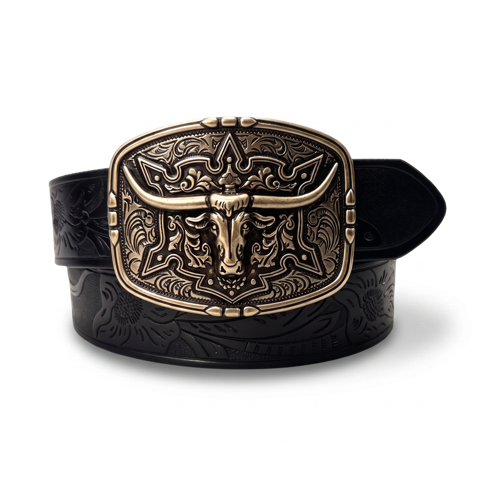 The Longhorn Belt — Western-Tooled Leather with Solid Bull Buckle
