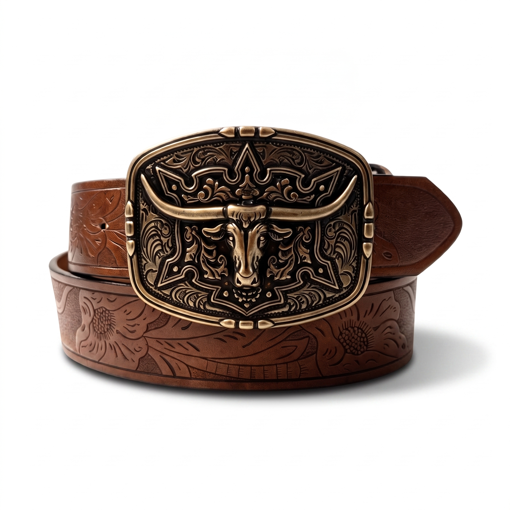 The Longhorn Belt — Western-Tooled Leather with Solid Bull Buckle