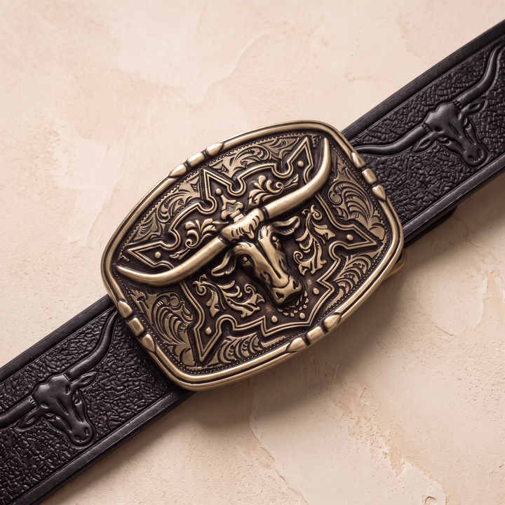 The Ranch Buckle Box, one tooled strap with three swappable buckles