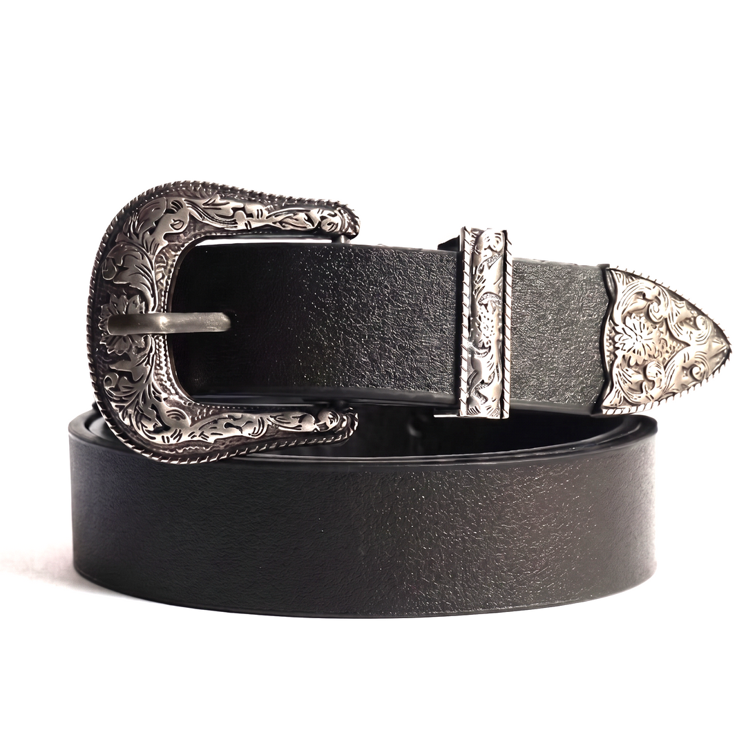 The Merle Belt in black with an engraved silver-tone buckle, keeper and tip