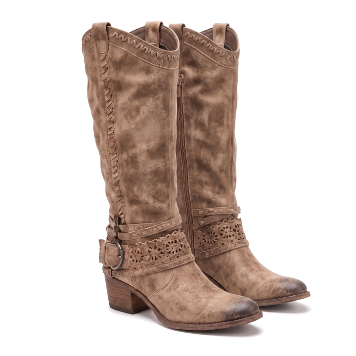 The Sloane Boots in taupe suede — tall western boot with floral cut-out harness, studio product shot