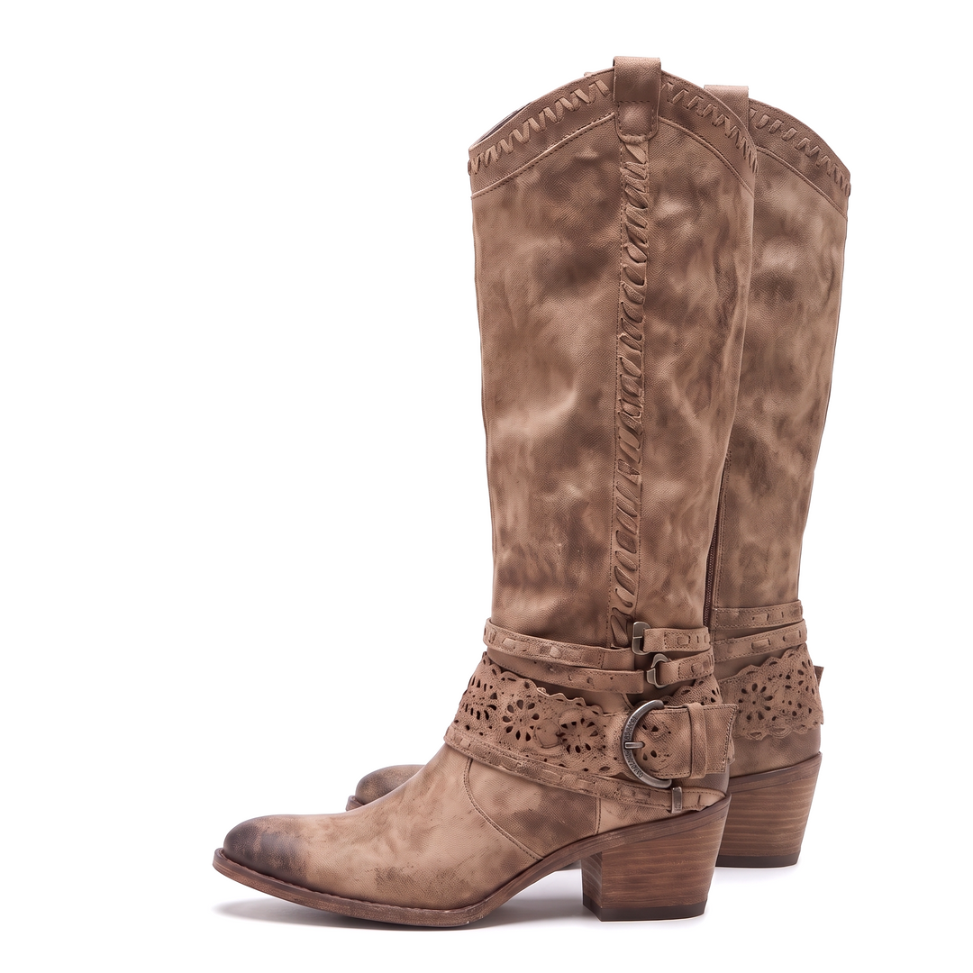 The Sloane Boots in taupe suede — side profile of the tall cut-out harness boot