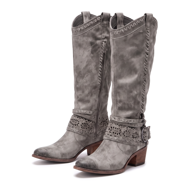The Sloane Boots in grey suede — tall western boot with floral cut-out harness, studio product shot