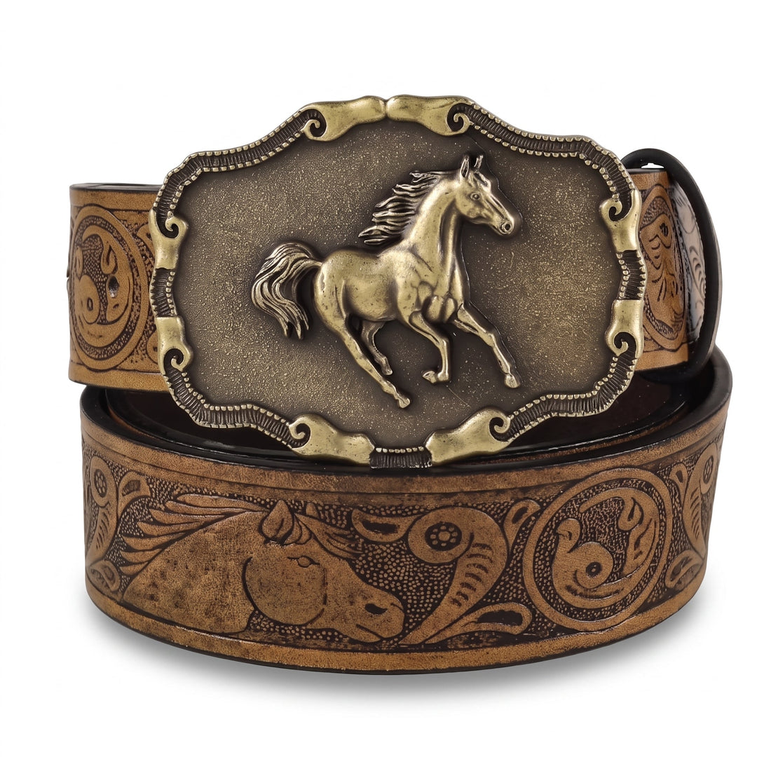 The Vallera Belt in camel western-tooled leather with an antique brass galloping horse buckle