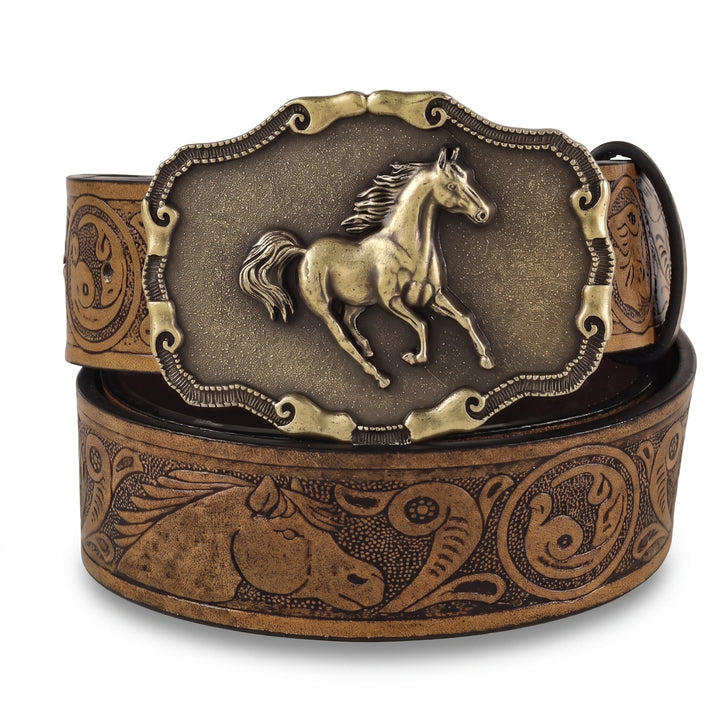 The Vallera Belt in camel western-tooled leather with an antique brass galloping horse buckle