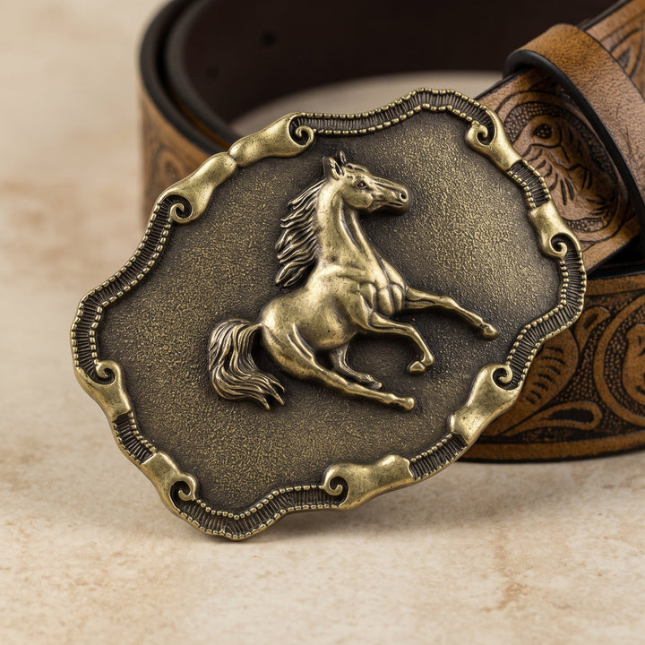 Western tooling on the camel strap of the Vallera Belt