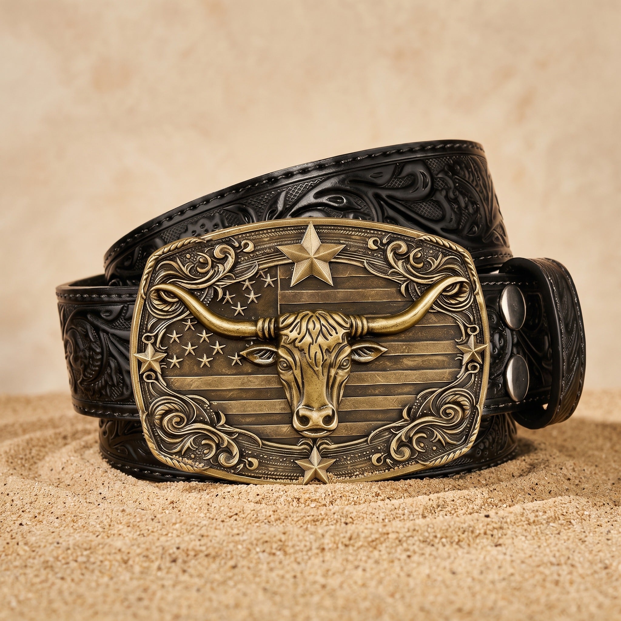The Wade Belt — Western-Tooled Leather with Stars and Stripes Buckle
