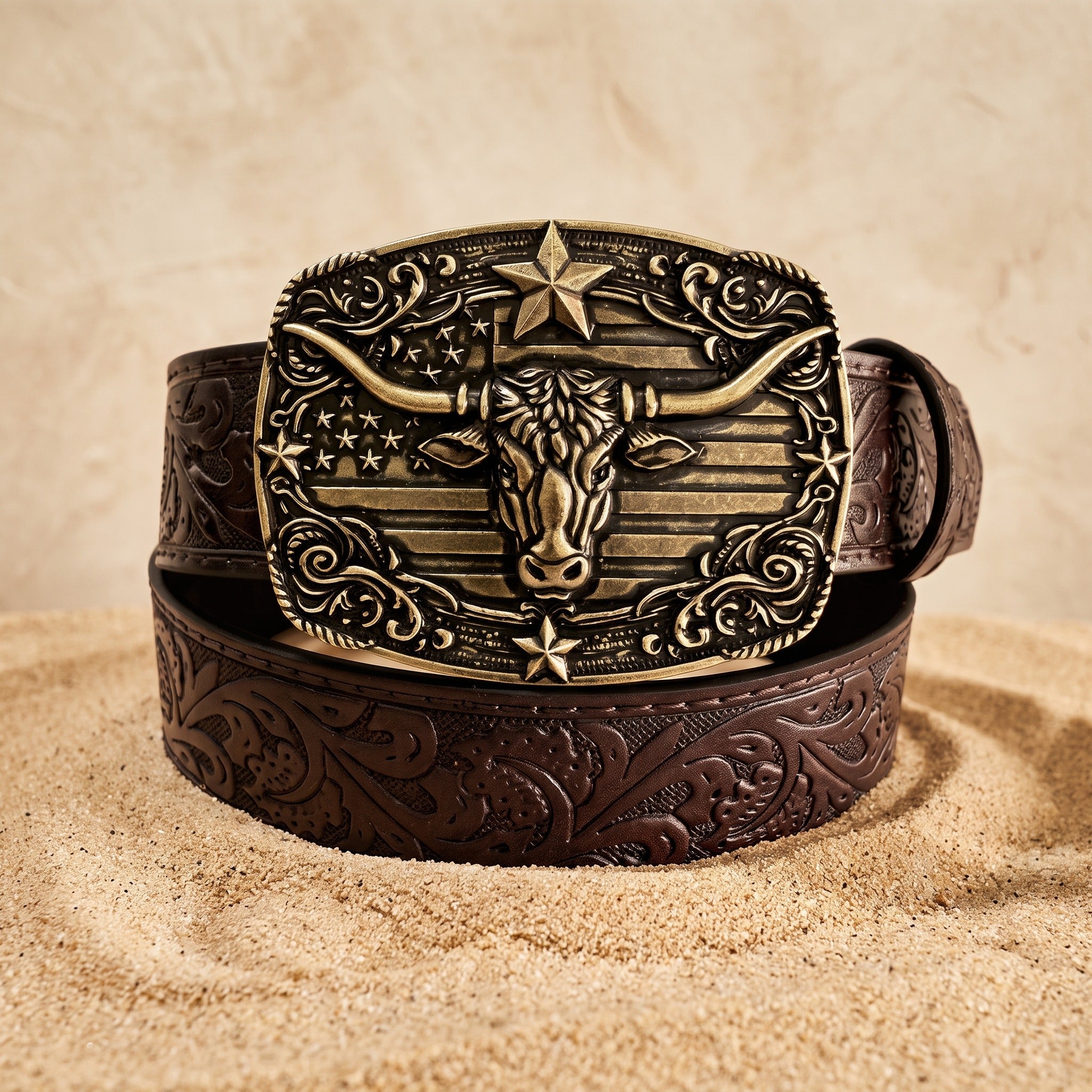 The Wade Belt — Western-Tooled Leather with Stars and Stripes Buckle