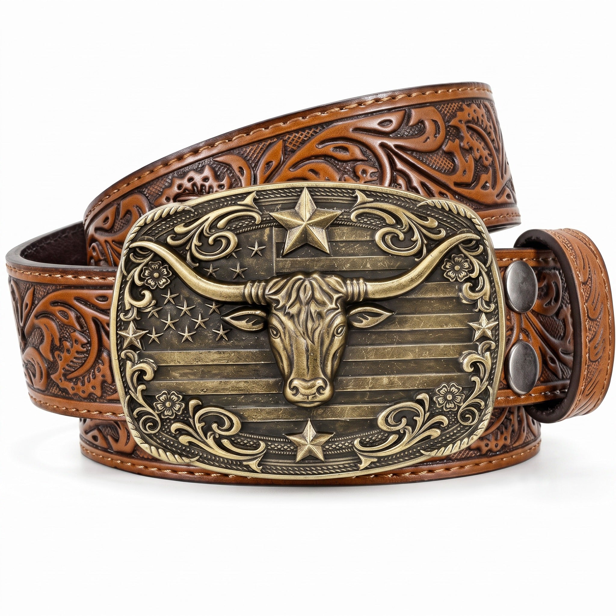 The Wade Belt — Western-Tooled Leather with Stars and Stripes Buckle