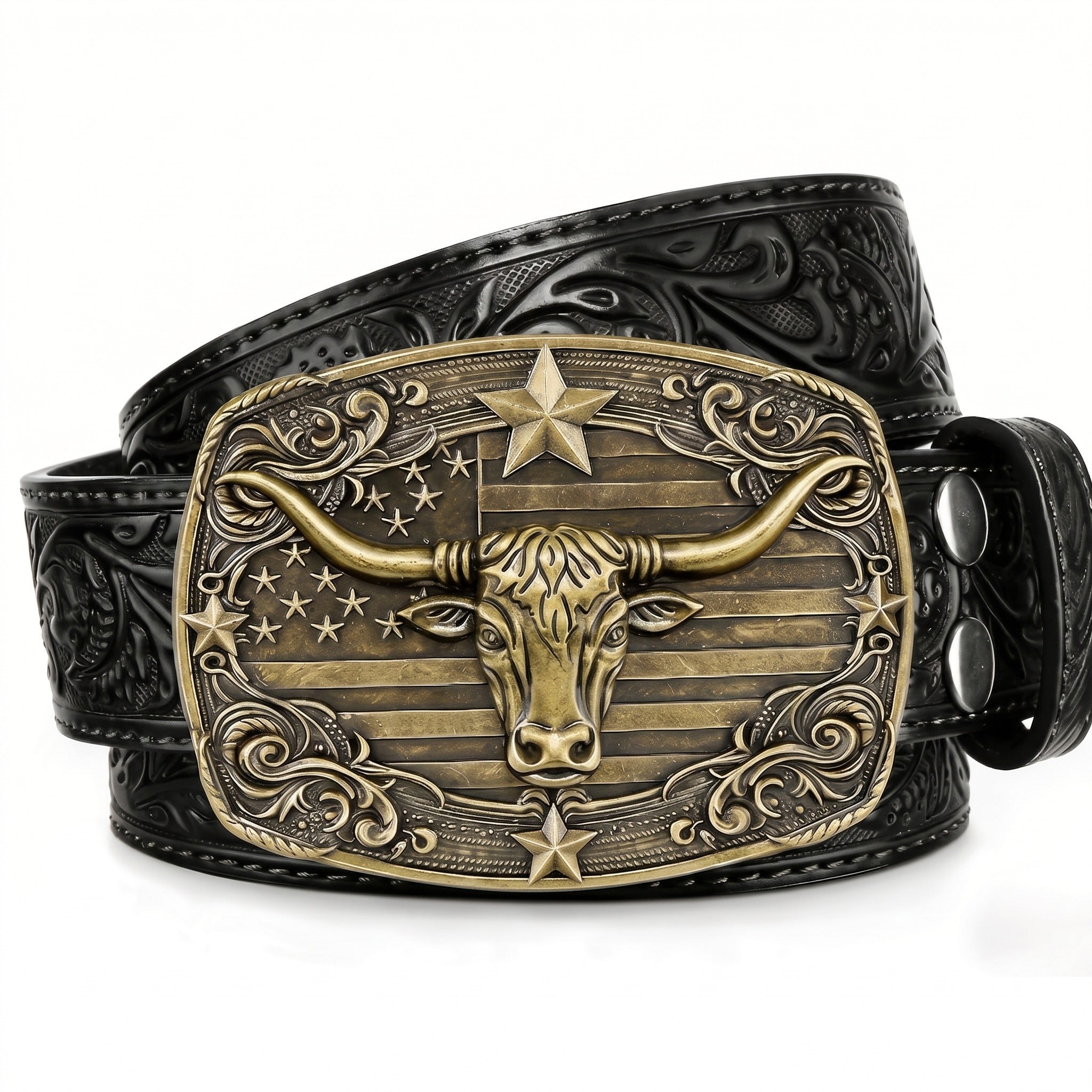 The Wade Belt — Western-Tooled Leather with Stars and Stripes Buckle