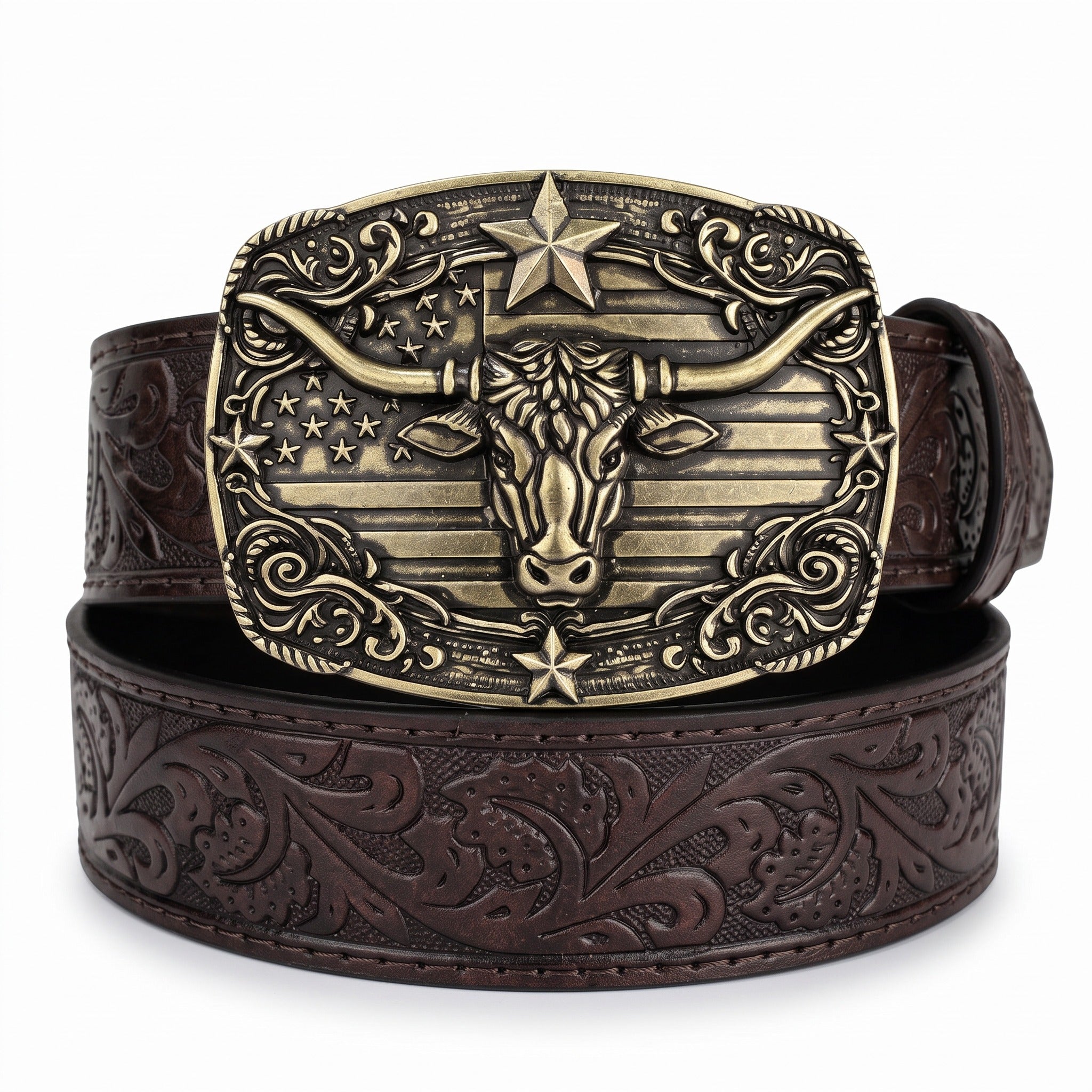 The Wade Belt — Western-Tooled Leather with Stars and Stripes Buckle