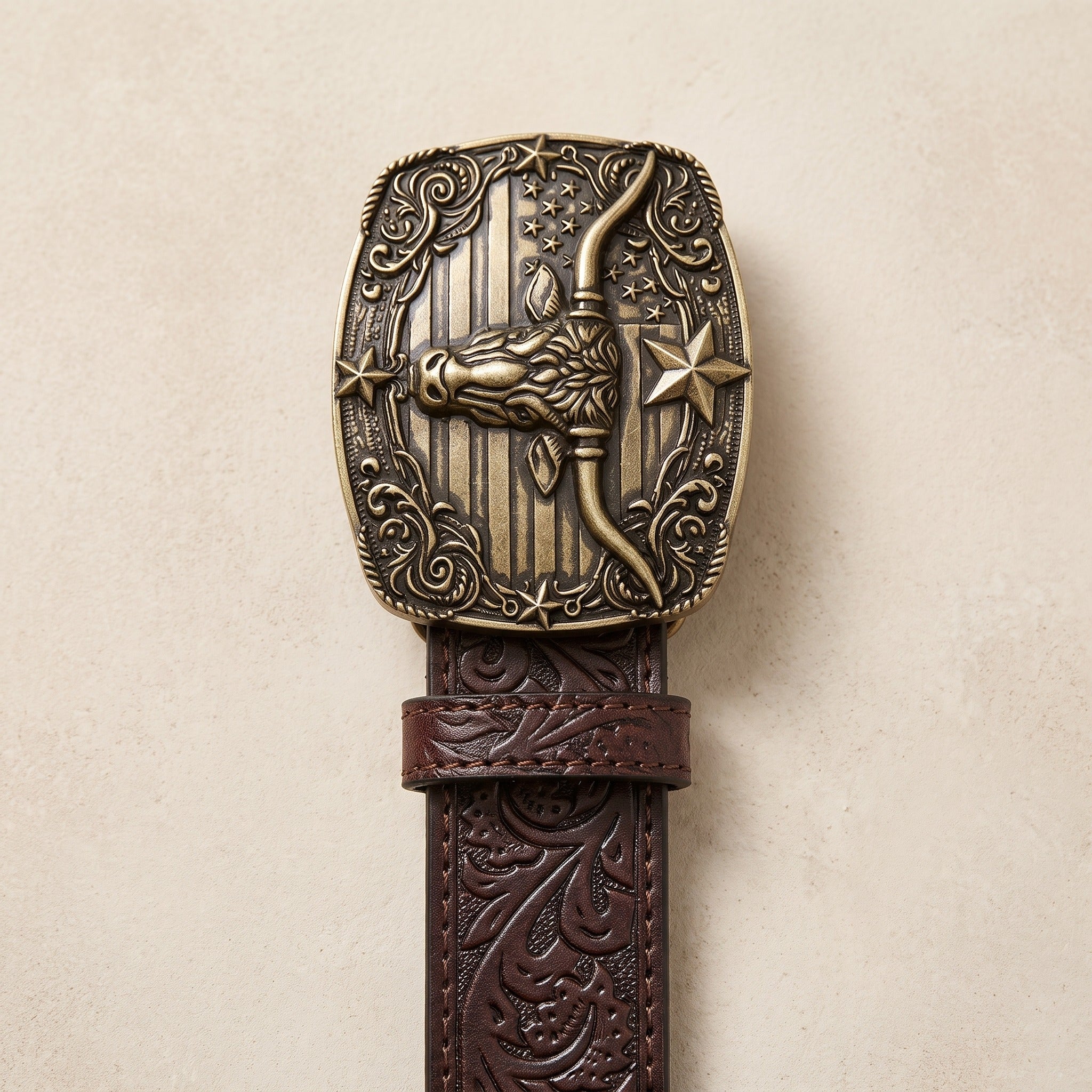 The Wade Belt — Western-Tooled Leather with Stars and Stripes Buckle