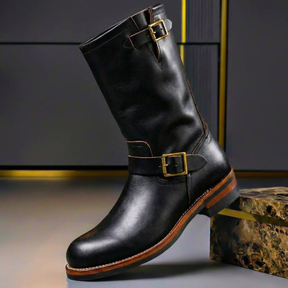 Men's Leather Cowboy Boots – Vintage Western Boots with Stacked Heel & Classic Stitching