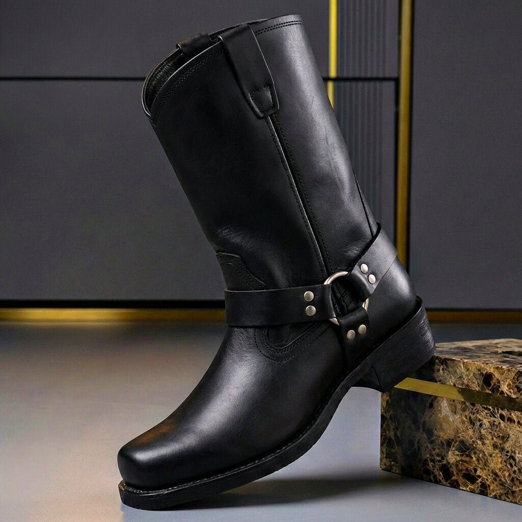 Men's Genuine Leather Cowboy Boots – Western Boots with Decorative Stitching & Block Heel