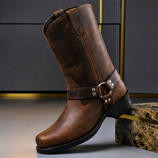 Men's Genuine Leather Cowboy Boots – Western Boots with Decorative Stitching & Block Heel