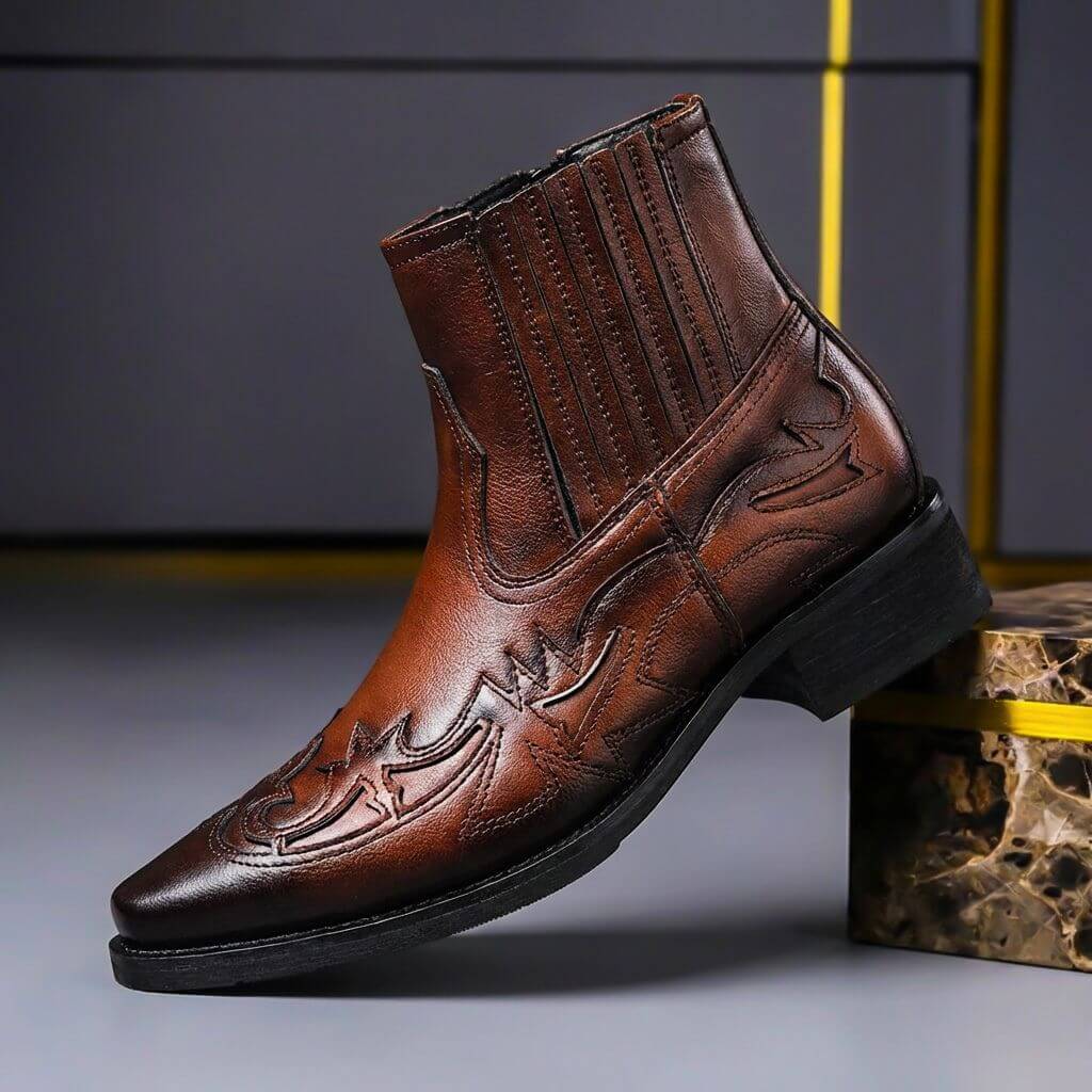 Men's Italian Leather Cowboy Boots – Classic Western Boots with Pointed Toe & Stacked Heel