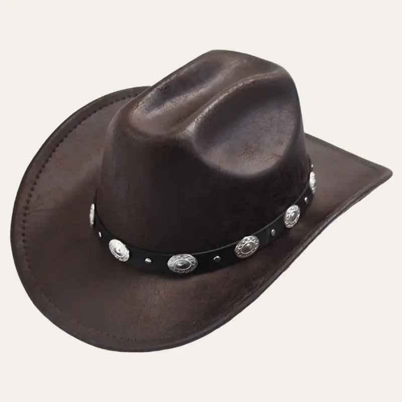 Western Cowboy Hat – Brown Leather-Look Hat with Concho Band
