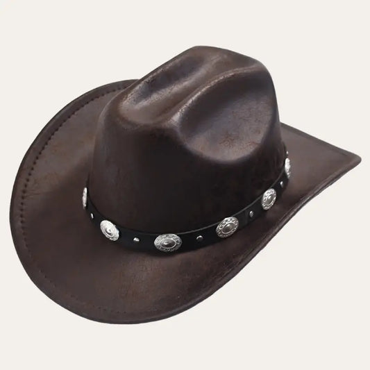 Western Cowboy Hat – Brown Leather-Look Hat with Concho Band