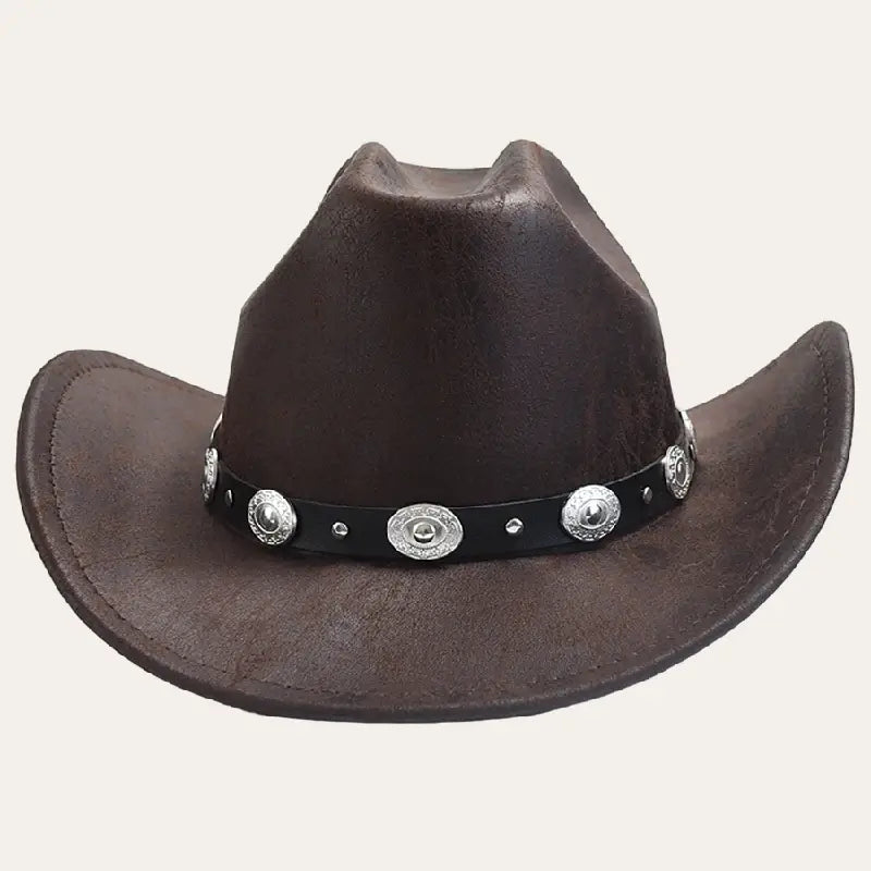 Western Cowboy Hat – Brown Leather-Look Hat with Concho Band