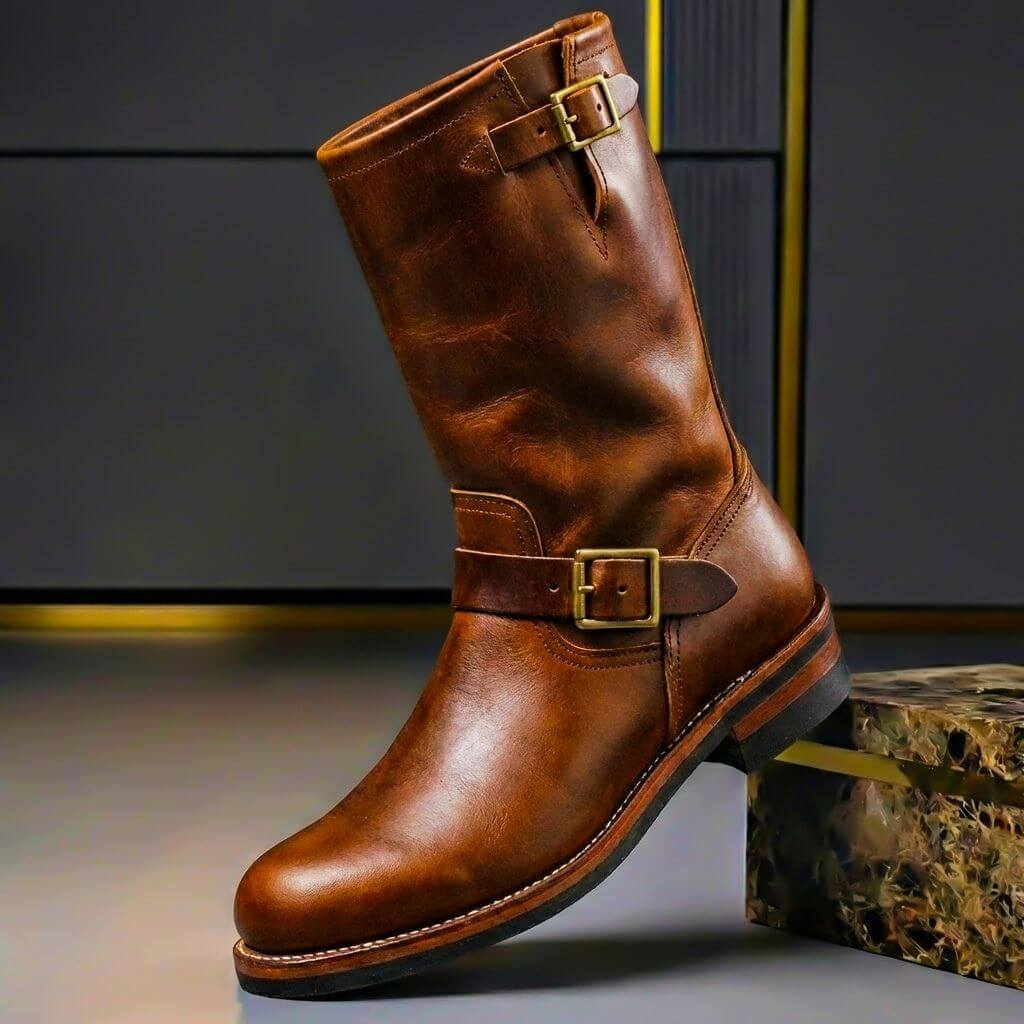 Men's Leather Cowboy Boots – Vintage Western Boots with Stacked Heel & Classic Stitching