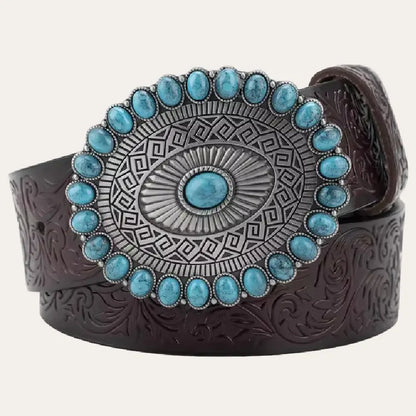 Western Belt with Turquoise Buckle – Cowboy Leather Belt