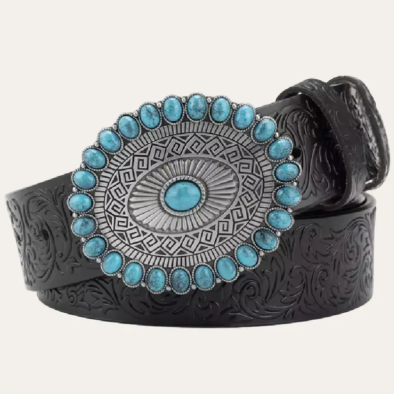 Western Belt with Turquoise Buckle – Cowboy Leather Belt