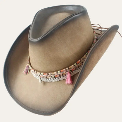 Women's Leather Cowboy Hat – Vintage Western Hat with Boho Tassel Band