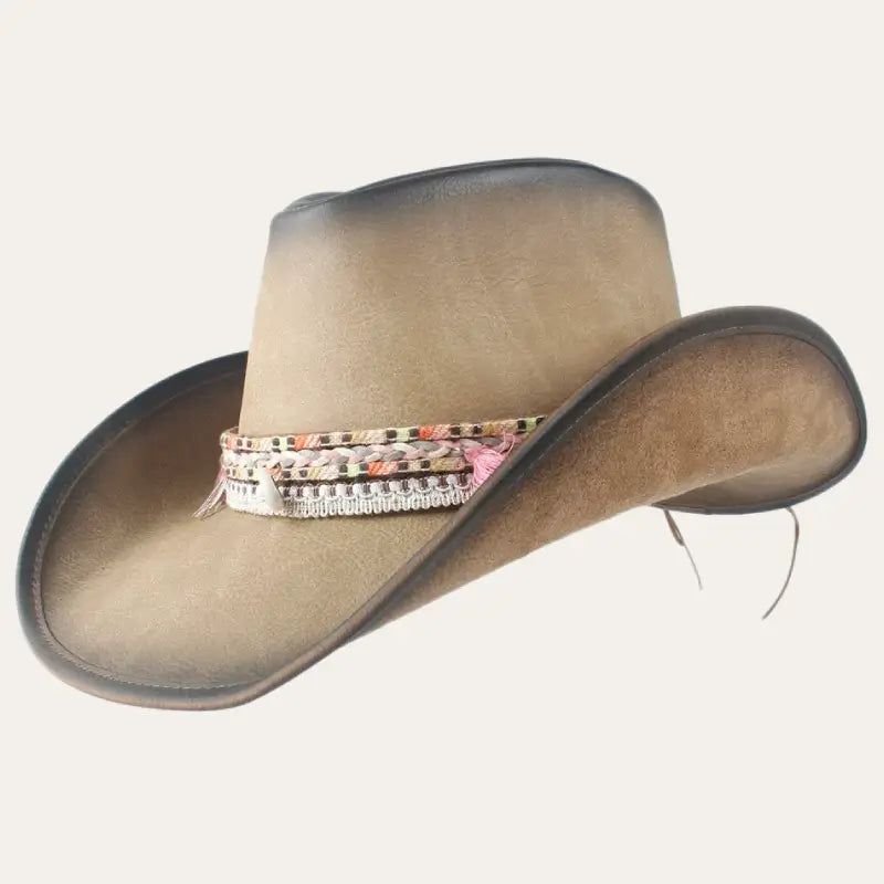 Women's Leather Cowboy Hat – Vintage Western Hat with Boho Tassel Band