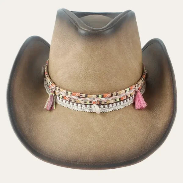 Women's Leather Cowboy Hat – Vintage Western Hat with Boho Tassel Band