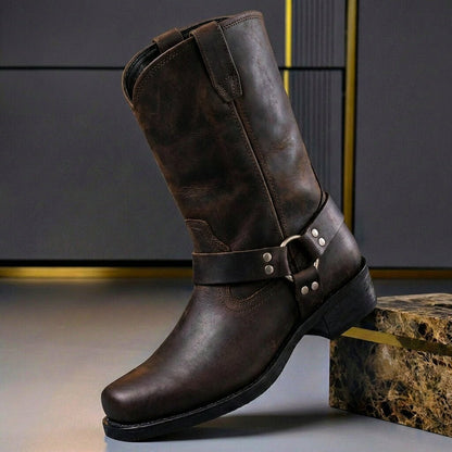 Men's Genuine Leather Cowboy Boots – Western Boots with Decorative Stitching & Block Heel