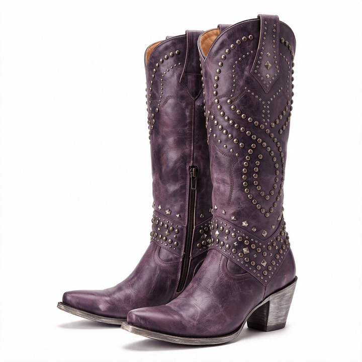 The Everly Boots in plum purple — studded distressed leather western boot, studio product shot