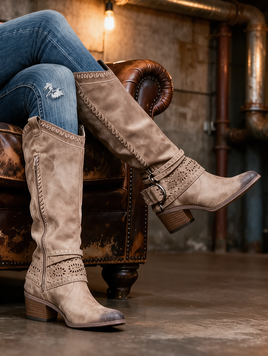 The Sloane Boots in taupe suede — tall cut-out harness boot beside an industrial leather armchair