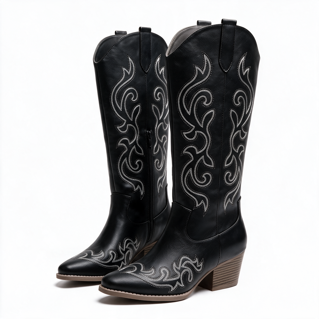 The Culza Boots in black — embroidered leather western boot, studio product shot