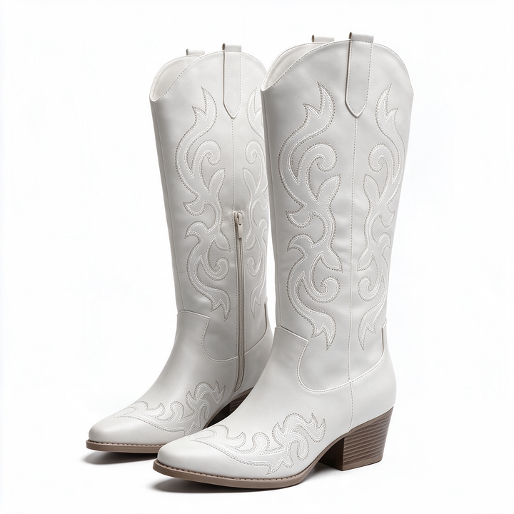 The Culza Boots in cream white — embroidered leather western boot, studio product shot