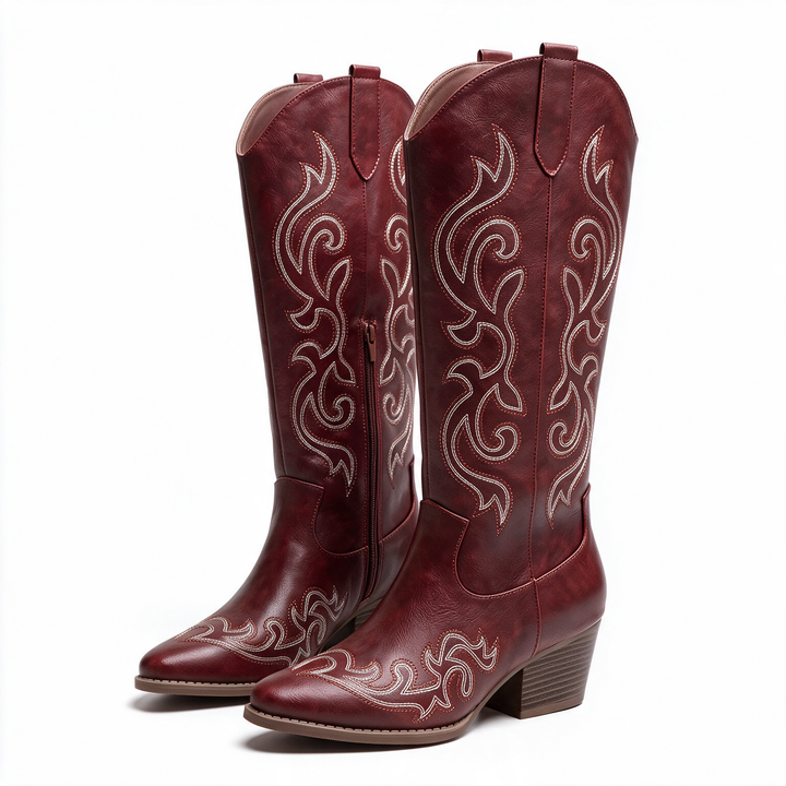The Culza Boots in burgundy — embroidered leather western boot, studio product shot