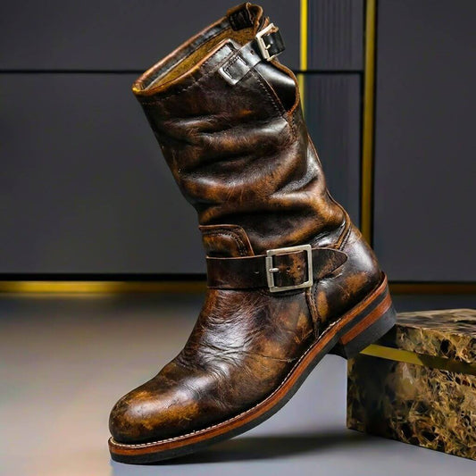 Men's Leather Cowboy Boots – Vintage Western Boots with Stacked Heel & Classic Stitching
