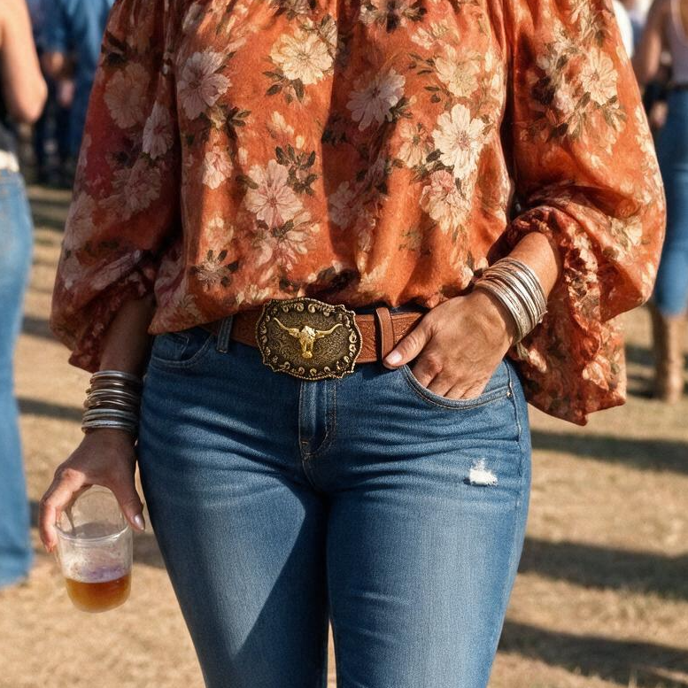 Woman wearing the Dutton Belt with a rust floral blouse and jeans at a country festival