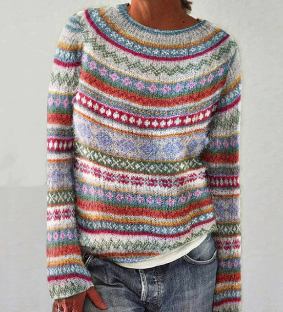 The Cassidy Sweater — light grey knit with allover multicolor fair-isle stripes
