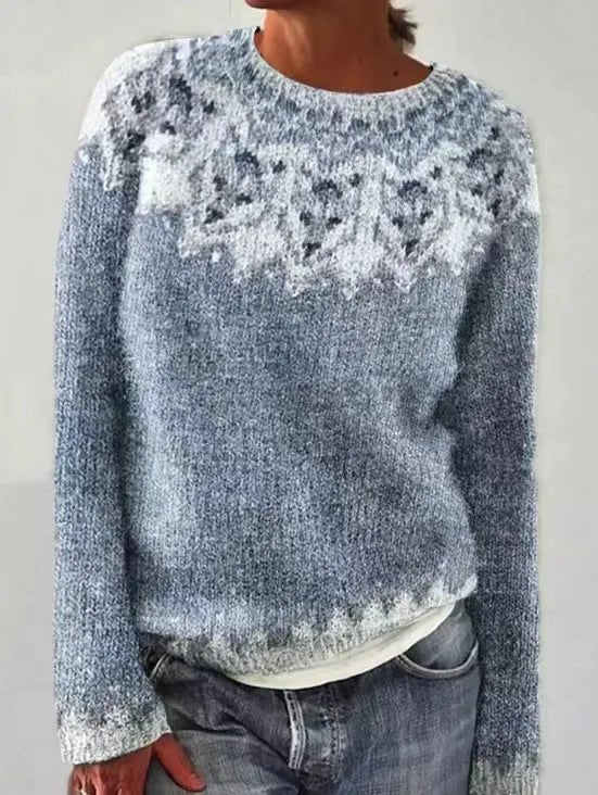 The Navarro Sweater — ice-blue knit sweater with white snowflake yoke