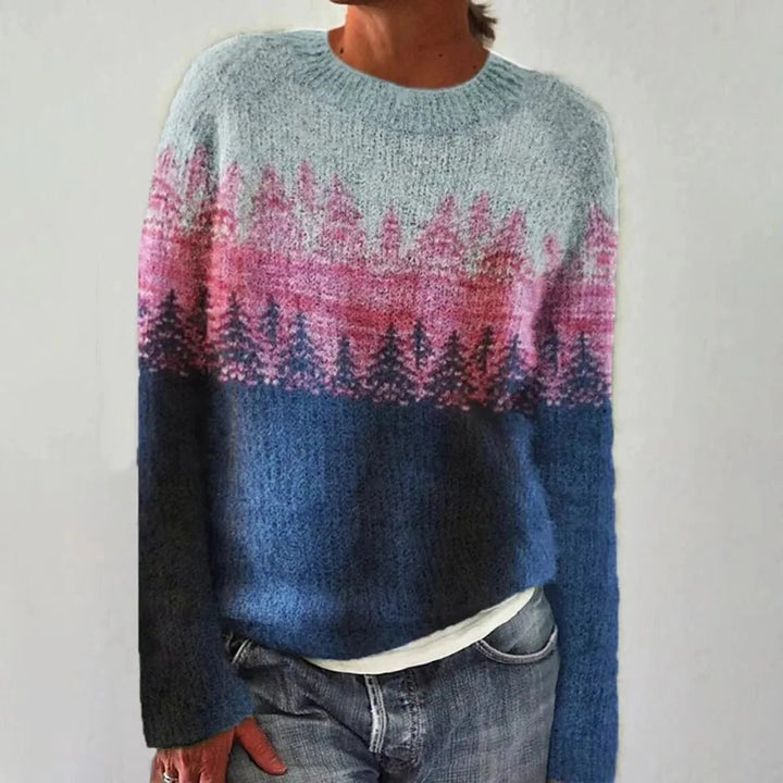 The Pecos Sweater — blue knit sweater with sunset-pink treeline gradient