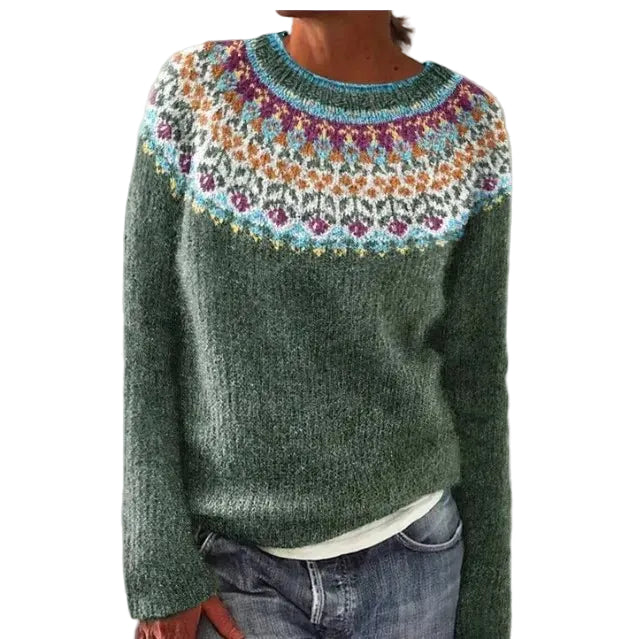 The Ridley Sweater — green knit sweater with floral fair-isle yoke