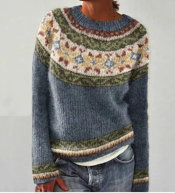 The Sawyer Sweater — blue-grey knit with cream geometric yoke and olive bands