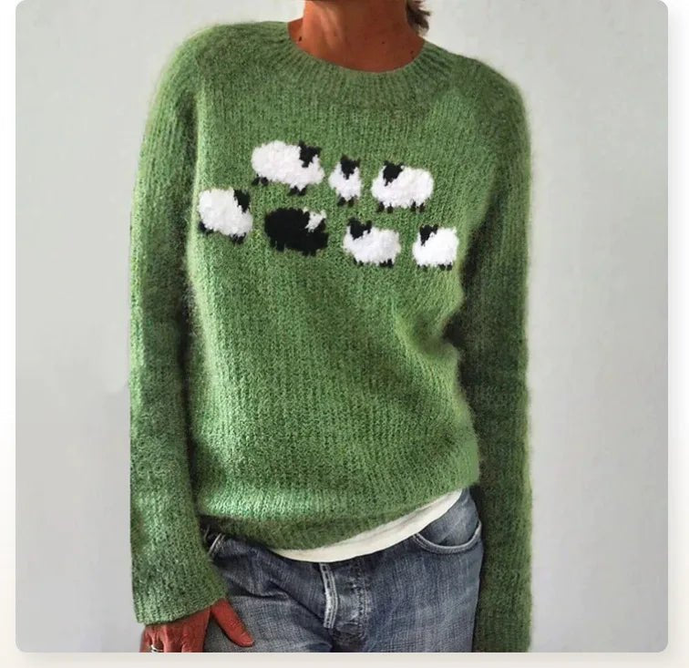 The Tobin Sweater — green knit sweater with knitted sheep motif