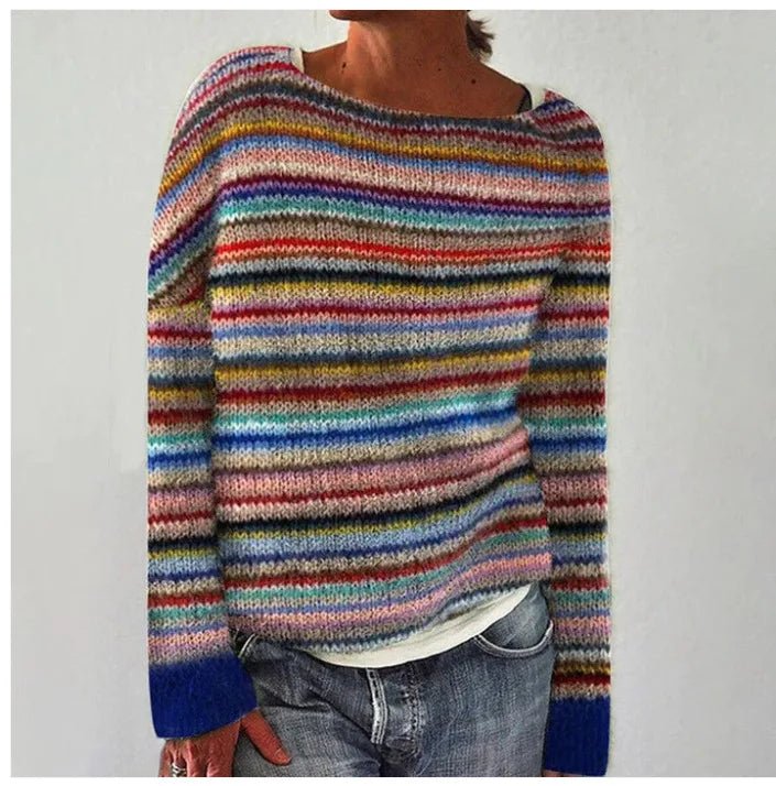 The Vance Sweater — multicolor striped knit sweater with blue-tipped cuffs