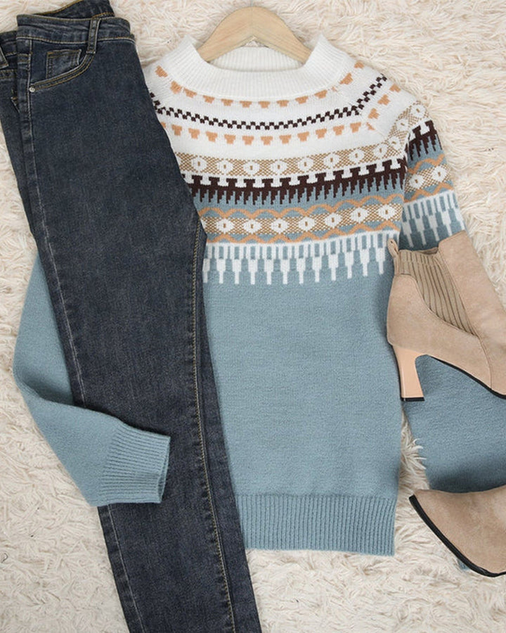 The Yuma Sweater in Blue — flat lay styled with jeans and ankle boots
