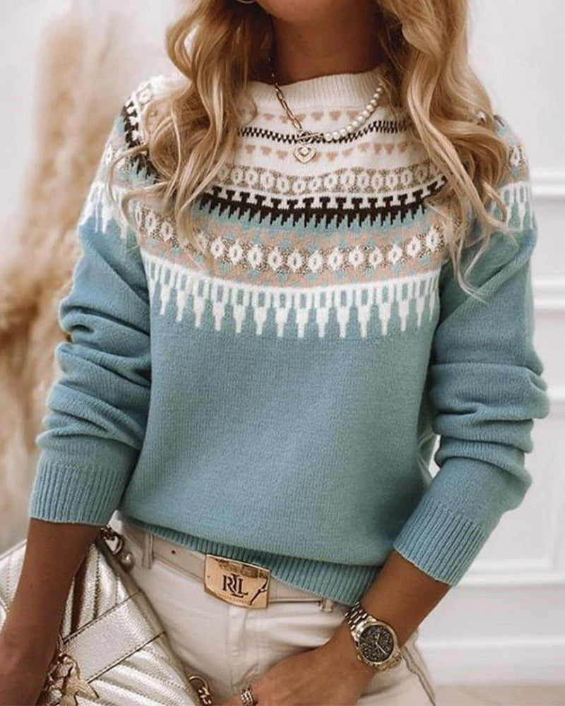 The Yuma Sweater in Blue — soft blue knit with wide Nordic patterned yoke
