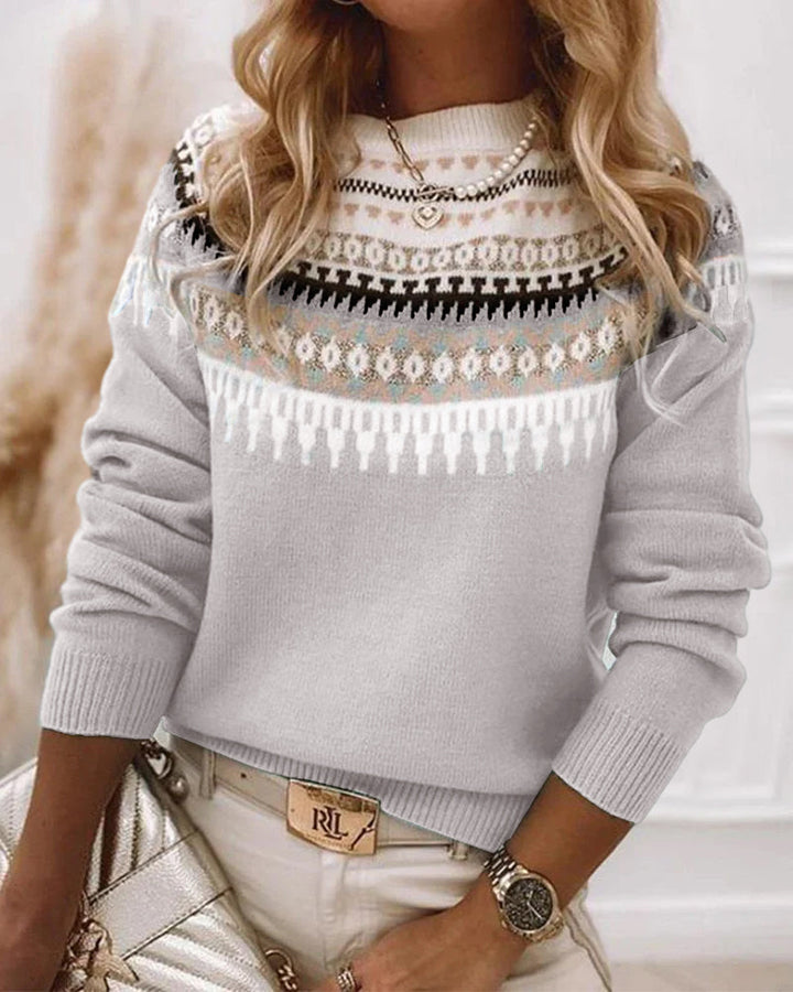 The Yuma Sweater in Gray — light grey knit with wide Nordic patterned yoke